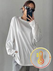 DAZY Áo thun dài tay rộng cổ tròn màu trơn dành cho nữ - trắng - Xem 2