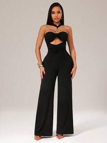 Radiana 女士性感优雅独特黑色金属链条吊带连体裤，修身阔腿连体裤，休闲裤，适合日常外出、夜生活、派对、鸡尾酒会、俱乐部、晚宴、约会、音乐会、度假、节日等场合。 - 黑色 - 查看 4