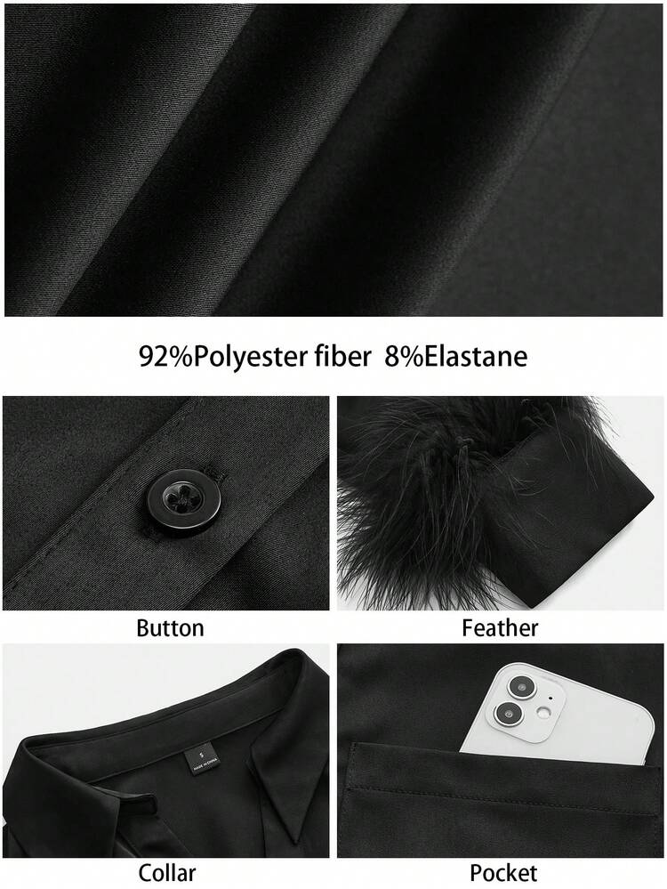 SHEIN Maija Women's Solid Color Pocket Front Button Elegant Long Sleeve Shirt Christmas Women Silk Blouse Silk Shirt Black Blouses For Women New Year Women Black Silk