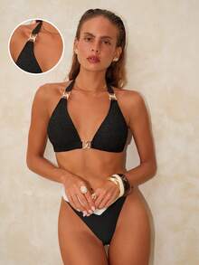 Swim Chiccia Women's Summer Vacation Black Elegant Metal Decor Triangle Cup Halter Bikini Top, Beach Wear - Black - View 3