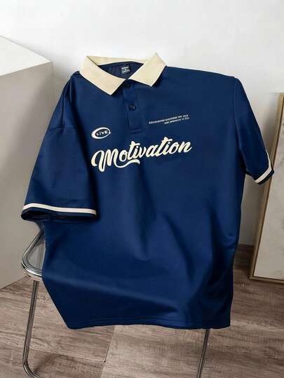 Manfinity Joysei 宽松版型男士短袖拼色领字母印花 Polo 衫