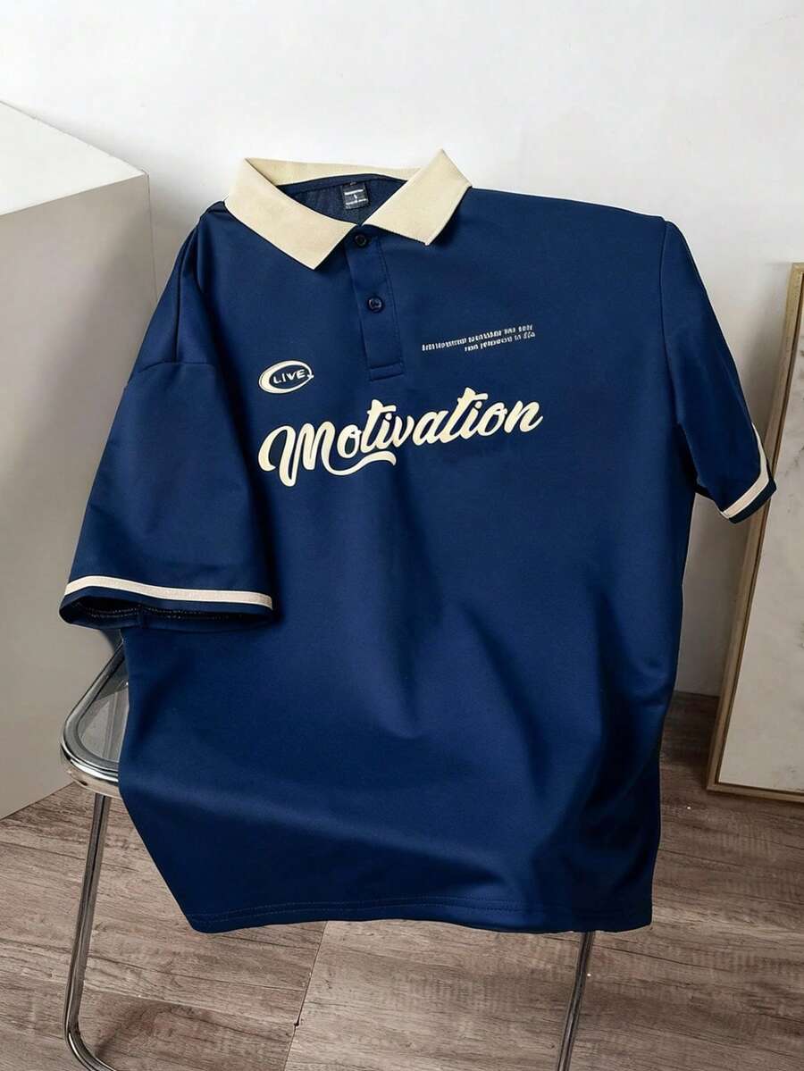 Manfinity Joysei Áo thun polo in chữ cổ bẻ màu tay ngắn dáng rộng cho nam - Màu xanh lam - Xem 1