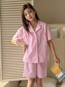 DAZY Tween Girls Striped Short Sleeve Shorts Pajama Set, Tween Girl Fall Clothes Summer - Pink - View 2