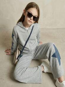 SHEIN Explorewe Conjunto de sudadera con capucha de unicolor con estampado de estrellas para niñas, otoño/invierno - Gris - Ver 4