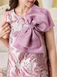 SHEIN 少女粉色提花拼接欧根纱蝴蝶结优雅无袖连衣裙 - 粉色 - 查看 7