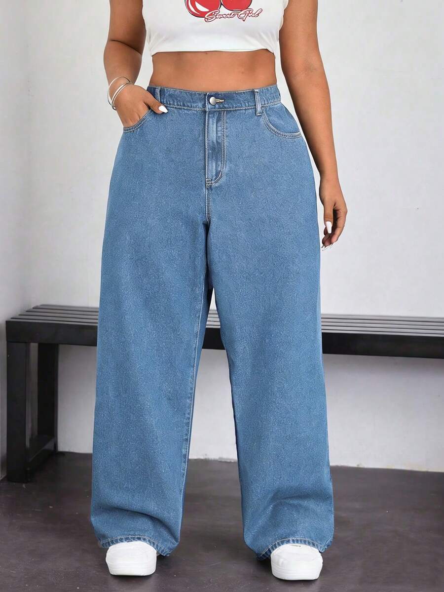 SHEIN ICON 大码纯色休闲牛仔裤 - 淺色水洗藍 - 查看 1