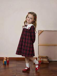 PrepCrw Young Girls' Preppy Style Patchwork Peter Pan Collar, Bowknot, Plaid Long Sleeve Dress - Multicolor - View 4