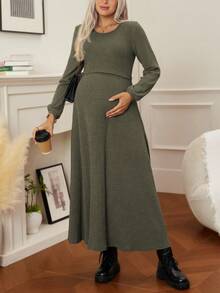 Cheriluna Maternity Maternity Solid Color Round Neck Nursing Function Casual Daily Wear Long Sleeve Dress - Army Green - View 3