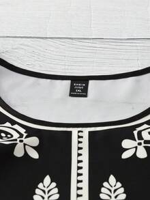 EMERY ROSE 女士休闲大码宽松圆领喇叭袖蓝色条纹花朵图案上衣。 - 彩色 - 查看 3