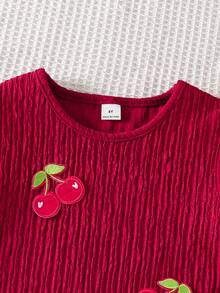 女童无袖罩衫连衣裙，酒红色樱桃图案，圆领荷叶边下摆，拼接设计，可爱女童樱桃连衣裙，酒红色连衣裙 - 酒紅色 - 查看 7