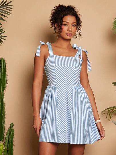 Travachic Women's Summer Casual Vacation Style Striped Print Knot Shoulder Waist Cinched Mini Dress