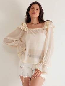 Freevana 大码女式方领荷叶袖休闲宽松衬衫，适合春、夏、秋季穿着 - 杏色 - 查看 3