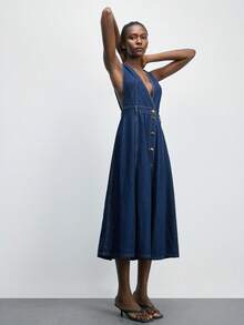 Maija Women's Casual Classic Washed Denim Pinafore Dress With Button Opening And Slit, Fashion Versatile Sleeveless Long Dress - Dark Wash - View 6