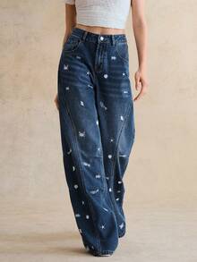 Anewsta Women's Elegant Seafood Embroidery Romantic Party Vacation Blue Straight Leg Jeans, Spring/Summer - Blue - View 5