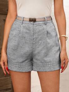 Solivie Quần short vải lanh nhăn, màu trơn, kiểu dáng thanh lịch, phong cách thường ngày. - Xám - Xem 5