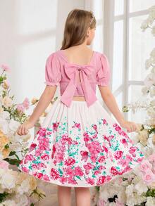 SHEIN Girls' White And Pink Elegant Square Neck Puff Sleeve Bowknot Removable Back Maxi Dress,Casual Summer Birthday Party Vacation Style Travel Beach - Multicolor - View 6