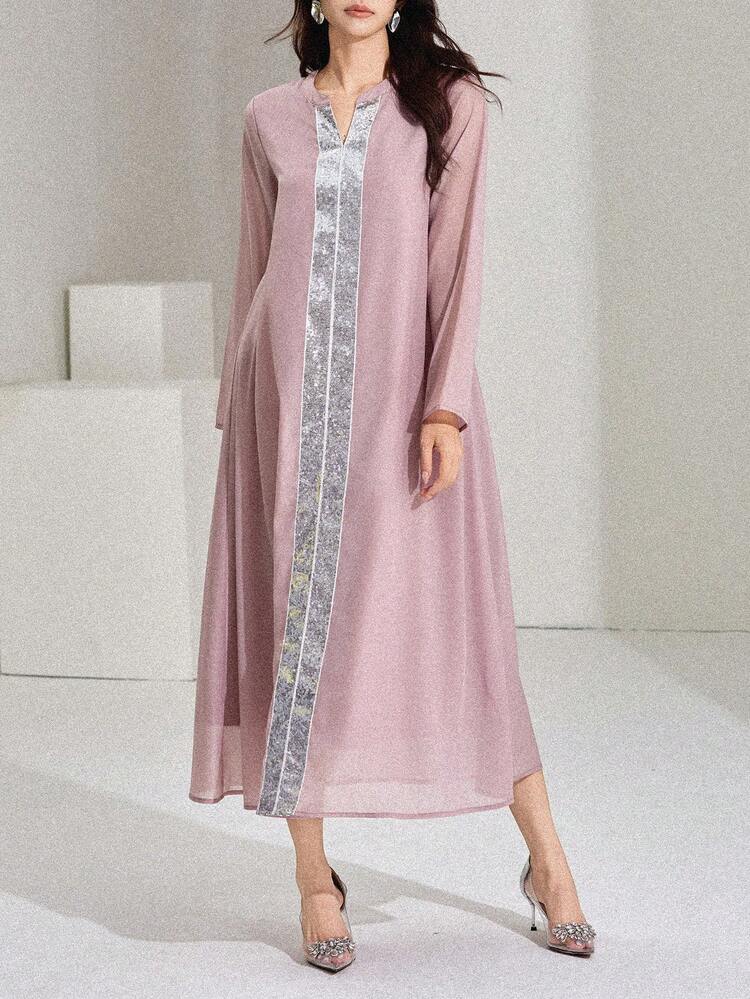 Women's Sequin Patchwork V-Neck Long Sleeve Loose Long Dress Carnival Sundress
