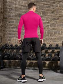 Gym Rark Kaos Olahraga Lengan Panjang Kerah Tinggi Motif Minimalis Pria, Kaos Kompresi Pria, untuk Gym - Hot Pink - View 4