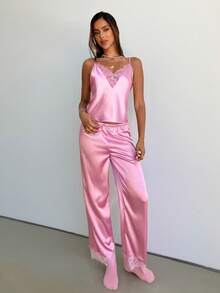 Aloruh Women's Lace Splicing Satin Cami Top & Long Pants Pajama Set - Pink - View 4