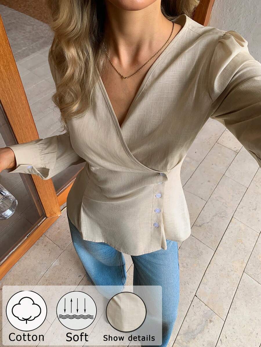 Elyressa 时尚新款优雅法式度假风交叉V领腰部纽扣装饰长袖女式衬衫 - 杏色 - 查看 1