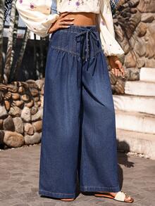 Breezaya Women's Casual Drawstring Waist New Loose Fit Flare Leg Jeans Spring Summer  Vacation - Dark Wash - View 4