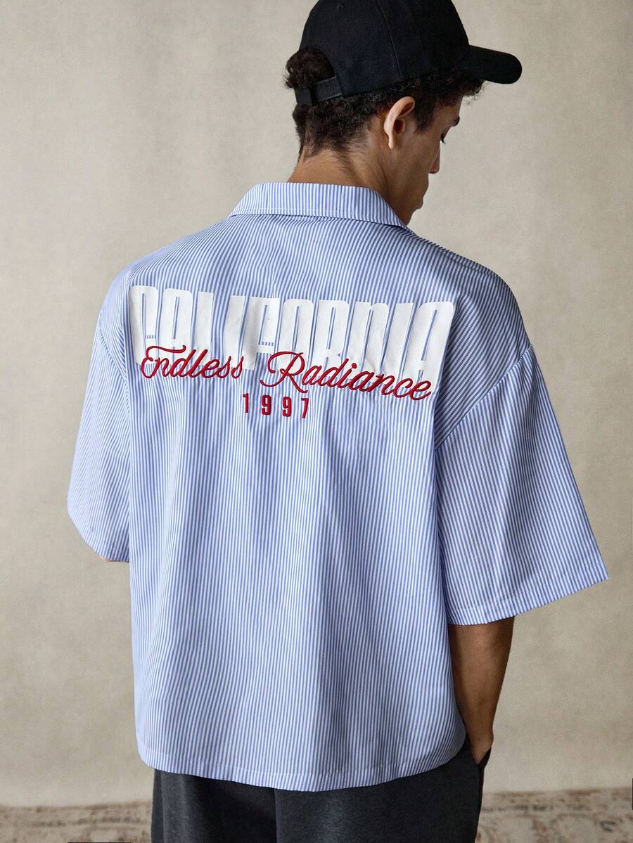 SWAVVY 男士字母刺绣条纹印花休闲短袖衬衫 - 淺藍色 - 查看 1