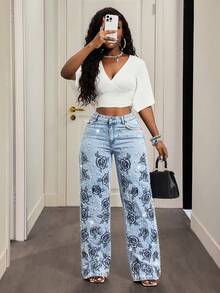 Slaydiva Jeans décontractés pour femmes avec imprimé floral et décoration de faux perles - Bleu azur - Voir 5