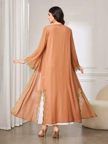 Al Najma Women's Elegant Luxurious Golden Heavy Embroidery Lace Collar & Cuff Sequin Decor Hollow-Out Splice Ribbon Chiffon Sheer Arabic Robe Feminine Style - Khaki - View 2