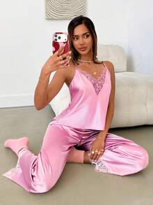 Aloruh Women's Lace Splicing Satin Cami Top & Long Pants Pajama Set - Pink - View 6