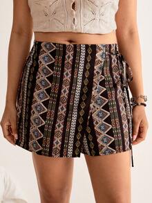 Freevana Pantalones cortos de verano informales con cordón para mujer de talla grande - Negro - Ver 1