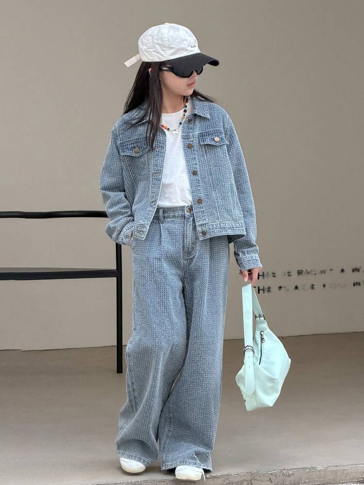 2pcs Tween Girls Textured Fabric Collared Top And Casual Jeans Pants Set, Fall