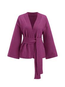 Ellevyn Áo len cardigan dệt kim tay dài buộc eo màu trơn dành cho nữ vào mùa thu/đông - Màu tím  Violet - Xem 6