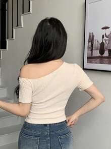 Modelyn Apricot Jacquard Asymmetric Collar Pearl Tassel Elegant Casual T-Shirt, Suitable For Dates And Outings In Autumn - Apricot - View 3