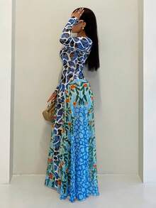 BamGleam Floral Contrast Mesh Puff Sleeve Elegant Romantic Vacation Dress - Blue - View 2