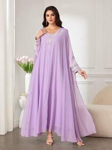 Al Najma Rochie de petrecere luxoasă pentru femei, Abaya maxi din șifon, cu paiete argintii și imprimeu floral