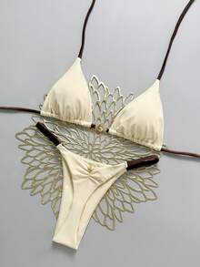 Swim Mod Women's New Metal Decor Solid Color V-Neck Halter Backless Triangle Bikini Set, Sexy Thong Swimsuit, Spring/Summer