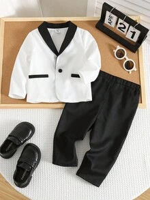 SHEIN 2pcs Baby Boy Winter White & Black Contrast Collar Cardigan Jacket And Elastic Waist Pants Set, Suitable For Birthday Party, Christmas Party, Christening, 1st Birthday Celebration, Formal Occasions, Performances, Weddings, Baby Showers