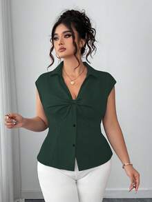 Elenzga Áo sơ mi cỡ lớn, màu trơn, xếp ly, cài cúc phía trước, kiểu dáng thanh lịch, thích hợp cho mùa hè. - màu xanh lá - Xem 4