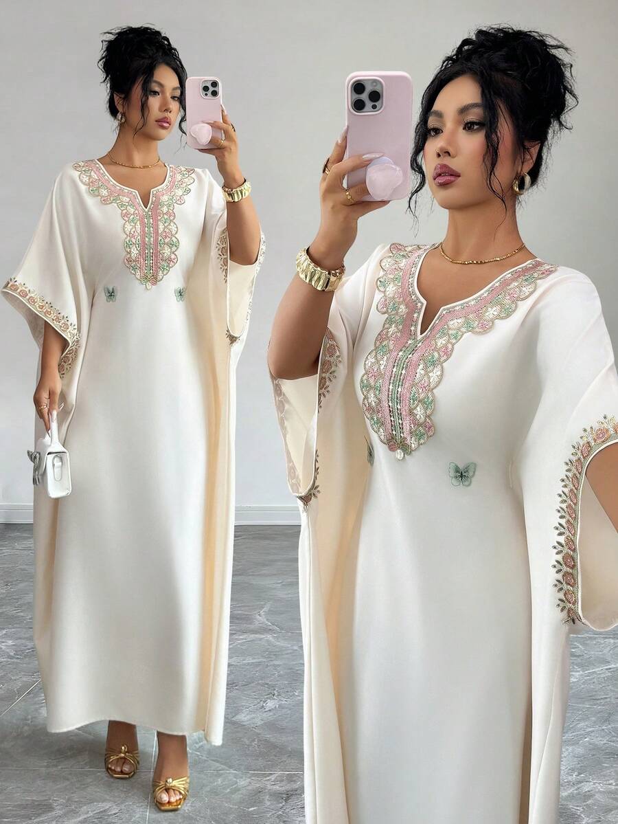 Elenzga 2026春夏新款女士优雅花卉装饰雪纺长裙 - 杏色 - 查看 1
