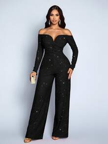 SOLERSUN Women's Fashionable Elegant V-Neck Off Shoulder Long Sleeve Party Night Club Sparkly Fabrics Jumpsuits, Suitable For Christmas Party Valentine's Day Dating - Black - View 9