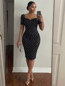 SHEIN Lady CURVE 大码优雅通勤波点印花泡泡袖修身连衣裙 - 彩色 - 查看 4