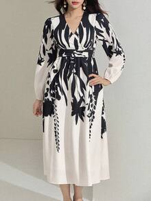 DAZY 女士全印花V领裹身长袖中长连衣裙/吊带裙 - 黑色 - 查看 3