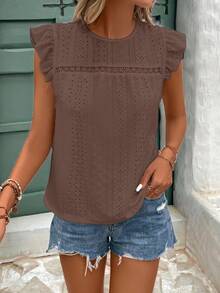 SHEIN Frenchy Eyelet Embroidery Ruffle Trim Round Neck Lace Trimmed Tee - Brown - View 5