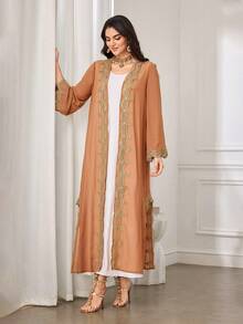 Al Najma Women's Elegant Luxurious Golden Heavy Embroidery Lace Collar & Cuff Sequin Decor Hollow-Out Splice Ribbon Chiffon Sheer Arabic Robe Feminine Style - Khaki - View 4