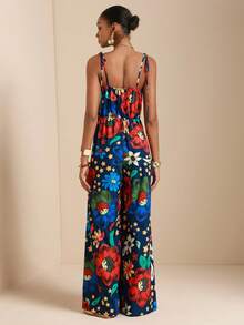 SHEIN Veneréa 女士夏季度假风拼接几何印花打结露肩宽松阔腿连体裤