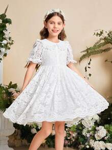 SHEIN 少女春夏时尚优雅娃娃领泡泡袖蕾丝网纱A字连衣裙，白色蛋糕裙，适合春夏度假、节日、正式场合、派对、生日、日常穿着、家庭聚会和特殊场合，可爱、优雅、复古时尚。可与妈妈、女儿和姐妹同款。 - 白色 - 查看 5