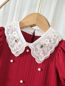 年轻女孩优雅可爱的红色串珠领短袖连衣裙 - 酒紅色 - 查看 5