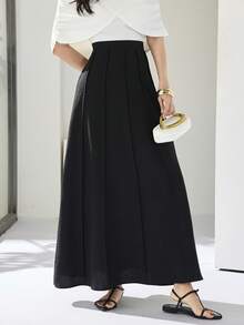 Heiryn 女士休闲日常办公通勤简约纯色高腰百褶裙 - 黑色 - 查看 3