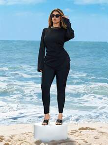 Swim Shayni 大码女士纯色喇叭袖泳衣上装 - 黑色 - 查看 4