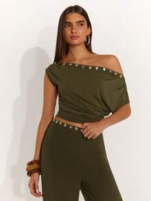 SHEIN BAE 女士纯色亮片装饰不对称肩部时尚百搭约会之夜蝙蝠袖T恤 - 軍綠色 - 查看 6